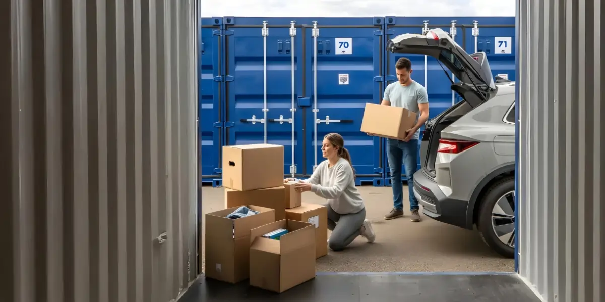 A customer unloading packing boxes directly from their car boot into a ground level drive up Blue Bear Self Storage unit for easy seasonal storage