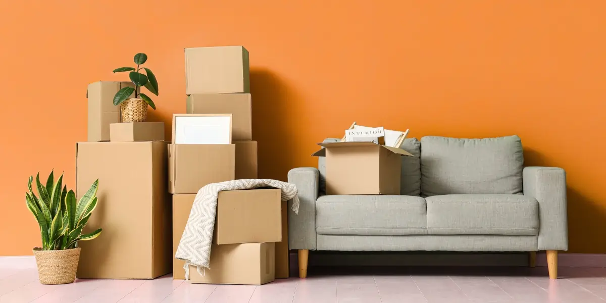 Cardboard moving boxes stacked tightly next to a sofa in a small flat, highlighting the need for clever storage solutions